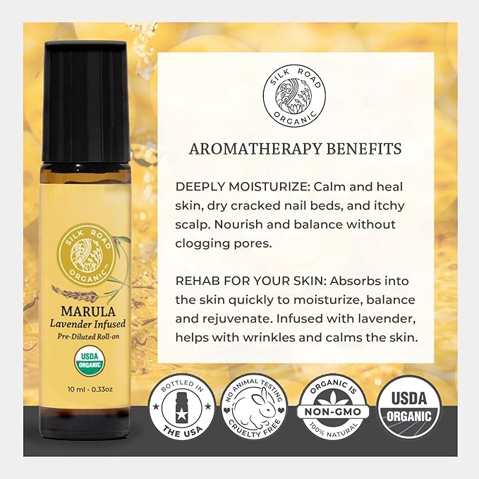 Organic Marula Seed & Lavender Essential Oil, 100% Pure USDA Certified Aromatherapy, Deep Hydration for Face, Body, Lips, Hair, Nails - 10 ml Roller by Silk Road Organic
