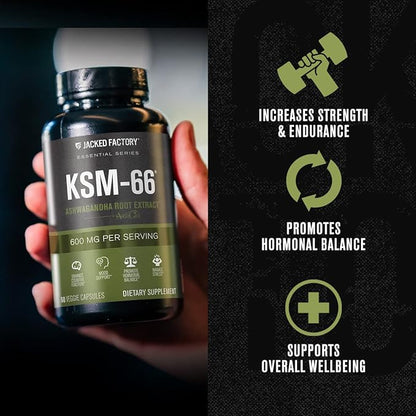 Jacked Factory Ashwagandha Root Extract (KSM-66 Ashwagandha) w/ 5% Withanolides - Supplement for Natural Stress Relief, Cognitive Function, Vitality, and Mood Support - 60 Veggie Capsules