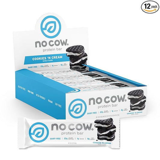 No Cow High Protein Bars, Cookies 'N Cream - Healthy Snacks, 20g Vegan Protein, High Fiber, Low Sugar, Keto Friendly, Dairy & Gluten Free (12 Count)