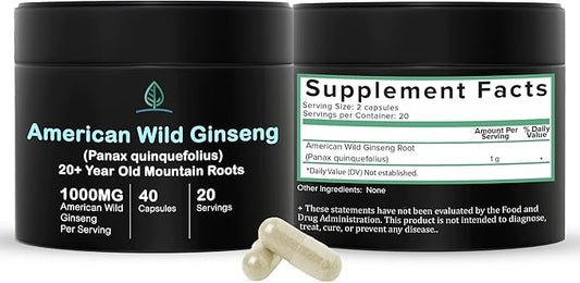 Wild American Ginseng Capsules Pure Organic 20+ Year (40 Capsules)