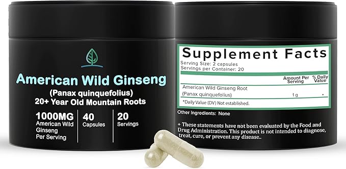 Wild American Ginseng Capsules Pure Organic 20+ Year (40 Capsules)