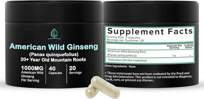 Wild American Ginseng Capsules Pure Organic 20+ Year (40 Capsules)