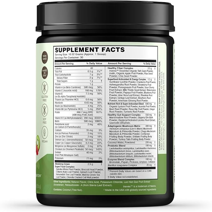 TERRA ORIGIN Healthy Greens Powder | Superfoods, Probiotics, Enzymes, Immune & Digestive Support | Gut Health, Energy & Wellness Boost | 30 Servings (Kiwi Strawberry)