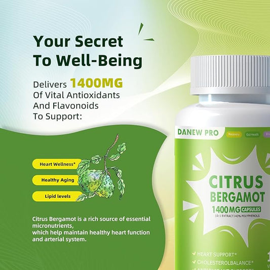 Organic Citrus Bergamot 1400mg, 120 Capsules -Citrus Bergamia - Essential Oil and Citrus Bioflavonoids - Natural Heart Health Supplements for Women and Men - Non-GMO Pills