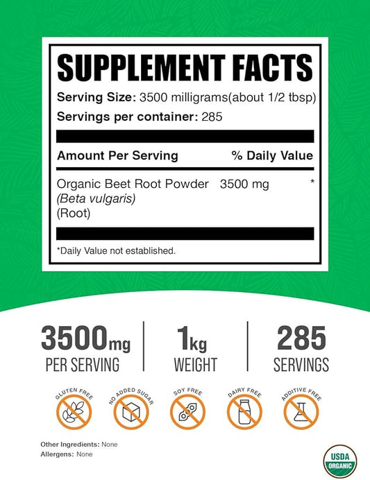BulkSupplements.com Organic Beet Root Powder - Beet Powder Organic, Beetroot Supplement - Superfood Supplement, Vegan & Gluten Free - 3500mg per Serving, 1kg (2.2 lbs) (Pack of 1)