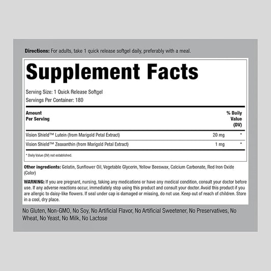 Piping Rock Lutein and Zeaxanthin Supplements 20mg | 180 softgels