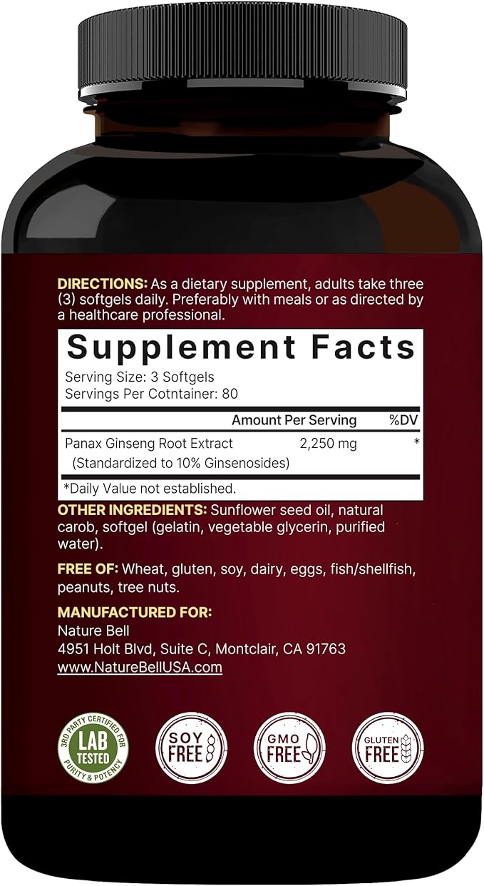 Korean Red Ginseng 2,250mg Per Serving, 240* Softgels 10% Ginsenosides,