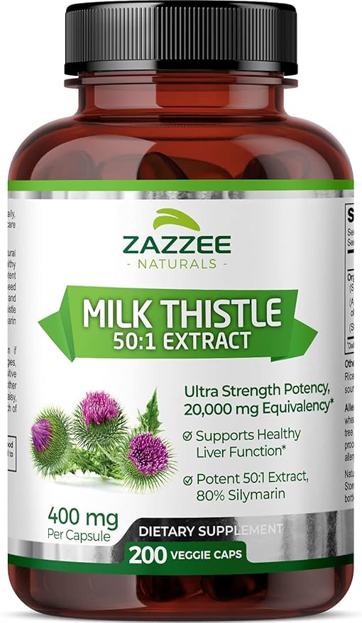 Zazzee Organic Milk Thistle 50:1 Extract, 20,000 mg 200 Vegan 80% Silymarin 6 Month 50X Extract,