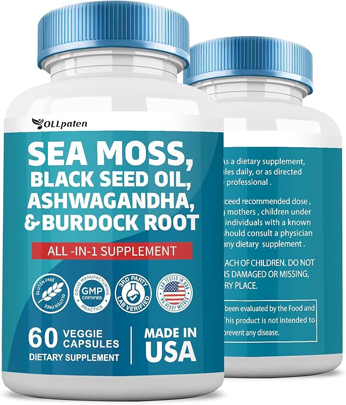 Sea Moss 3000mg Ashwagandha 1000mg Black 2000mg Turmeric 1000mg Burdock 1000mg Bladderwrack 1000mg & D3 Elderberry 60 Capsules