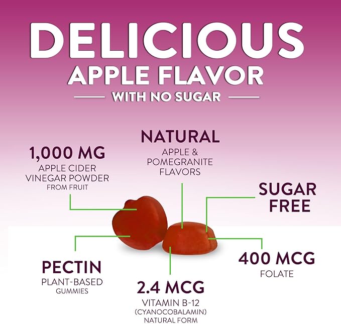Apple Cider Vinegar Gummies for Weight Loss 1000mg - Vegan Apple Vinegar Gummy for Detox & Cleanse, ACV Supplement Pills, Vitamin B12, Sugar Free ACV Gummy, Non-GMO, Nature's Nutrition - 120 Gummies