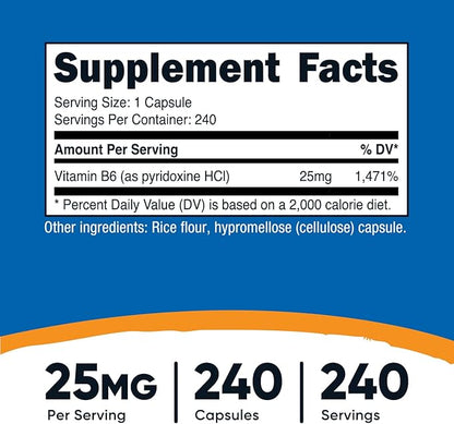 Nutricost Vitamin B6 (Pyridoxine HCl) 25mg, 240 Capsules