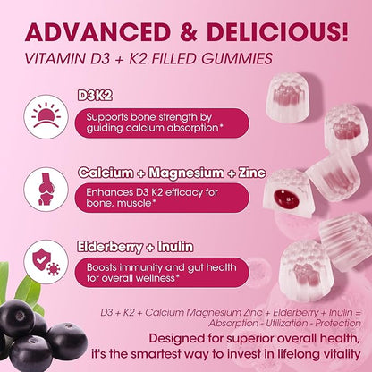 Vitamin D3 10000 IU + K2 (MK-7) 200mcg w/Calcium Magnesium Zinc Elderberry & Inulin-Highly Bioavailable-Enhanced Absorption for Immune & Bone Support- K2 D3 Vitamin Supplement-Vegan Gummies