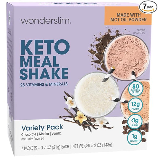WonderSlim Keto Meal Replacement Shake, Variety Pack, Low Carb, C8 MCTs, 12g Protein, Collagen, 25 Vitamins & Minerals, Gluten Free (7ct)