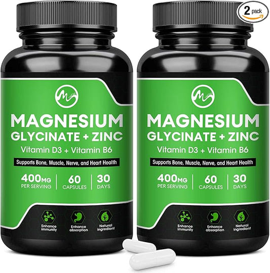 (2 Pack) Magnesium Glycinate Capsules, Magnesium 400mg with D3 & B6 - 120 Vegan