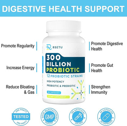 Probiotics for Women & Men - 300 Billion CFU Probiotic, 12 Strains Probiotics + 3 Organic Prebiotics, Daily Probiotics for Digestive Health, Gut, Immune, Constipation, Diarrhea, Bloating - 120 capsule