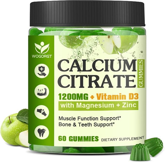 Calcium Citrate 1200mg with Vitamin D3 Supplement for Women and Men - Chewable Calcium Magnesium Zinc D3 K2 Gummies Supplement for Bone, Teeth, Immune Support, Apple Flavor - 60 Gummies