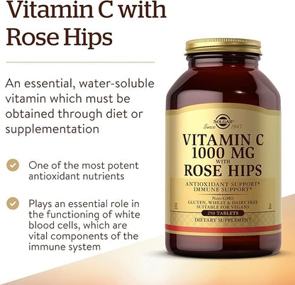 Solgar Vitamin C 1000 mg with Rose Hips, 250 Tablets - Antioxidant & Immune Support - Overall Health - Supports Healthy Skin & Joints - Non GMO, Vegan, Gluten Free, Dairy Free, Kosher - 250 Servings