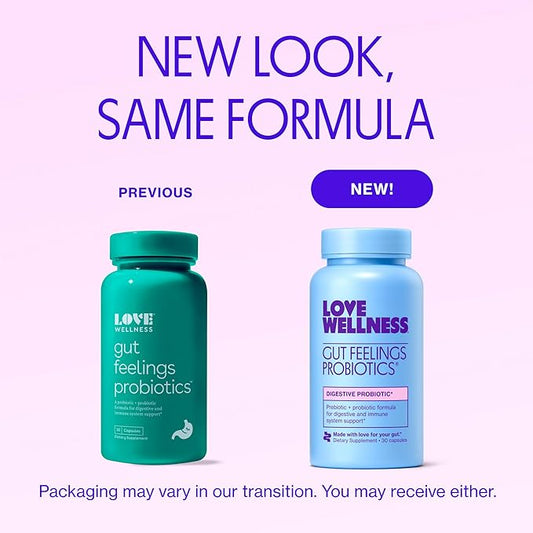 Love Wellness Gut Feelings Probiotic | Gut Health for Women, Digestion Relief & Immune Support Supplement | Womens Probiotic for Gas Relief | 3 Billion CFU | Safe Prebiotic and Postbiotic | 30 Count