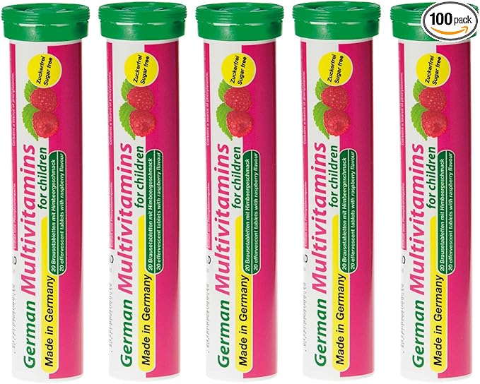 T&D German Multvitamin for Children 8 Vitamins - 100 Vegan Drink Effervescent Tablets - Raspberry Flavor - Made in Germany