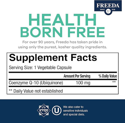 FREEDA CoQ10 100mg - Kosher Coenzyme Q10 Dietary Supplement for Cardiovascular Heart Health, Blood Pressure Support, Oral Gum Health, and Healthy Aging - Pure CoQ10 Capsules, 100 Count