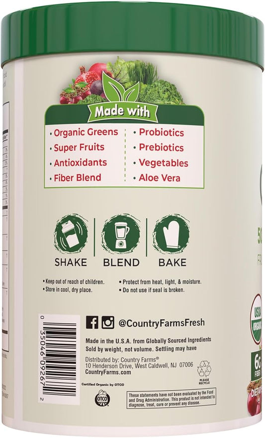 COUNTRY FARMS Super Greens Natural Flavor, 50 Organic 20 Servings, 10.6 Oz