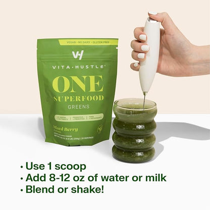 VitaHustle ONE Superfood Super Greens Powder with Prebiotics + Probiotics, Reduce Bloating, Detox, Gut Health, Spirulina, Chlorella, Digestive Enzymes (Berry Flavor, 25 Servings)