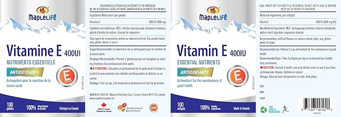 MapleLife Nutrition Vitamin E 400IU 100 softgels