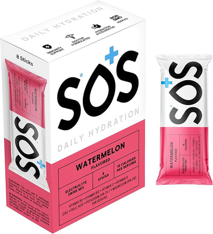 SOS Hydration Electrolyte Powder Drink Mix Packets | Daily Hydration & Energy | Added Essential Vitamins | Low Sugar | 8 Servings (Watermelon)