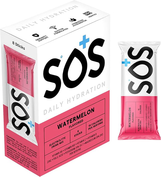 SOS Hydration Electrolyte Powder Drink Mix Packets | Daily Hydration & Energy | Added Essential Vitamins | Low Sugar | 8 Servings (Watermelon)