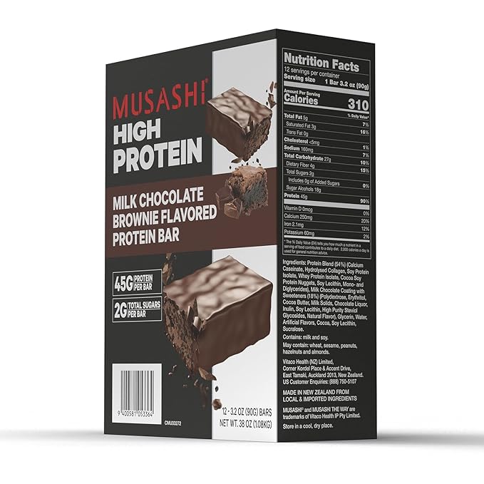 MUSASHI High Protein Bar, 45g Protein, 2g Total Sugars, Milk Chocolate Brownie, Post Workout and Protein Snack On The Go, 12 Pack of 3.2oz (90g) Bars
