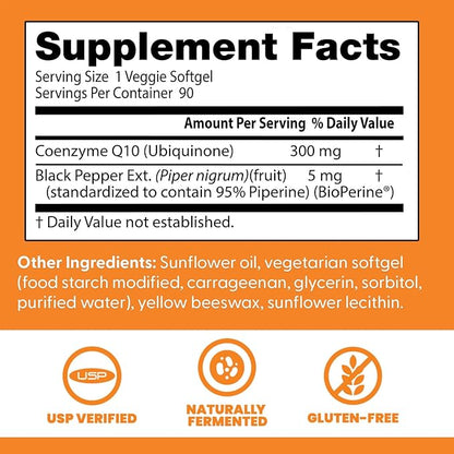 Doctor's Best High Absorption CoQ10 with BioPerine, Heart Health & Energy Production, Naturally Fermented, Vegetarian, Gluten Free, 300 mg, 90 Veggie Softgels