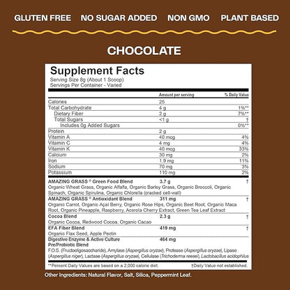 Amazing Grass Greens Superfood Powder: Greens Powder with Digestive Enzymes & Probiotics, Organic Spirulina, Chlorella, and Beet Root Powder, Chocolate, 60 Servings