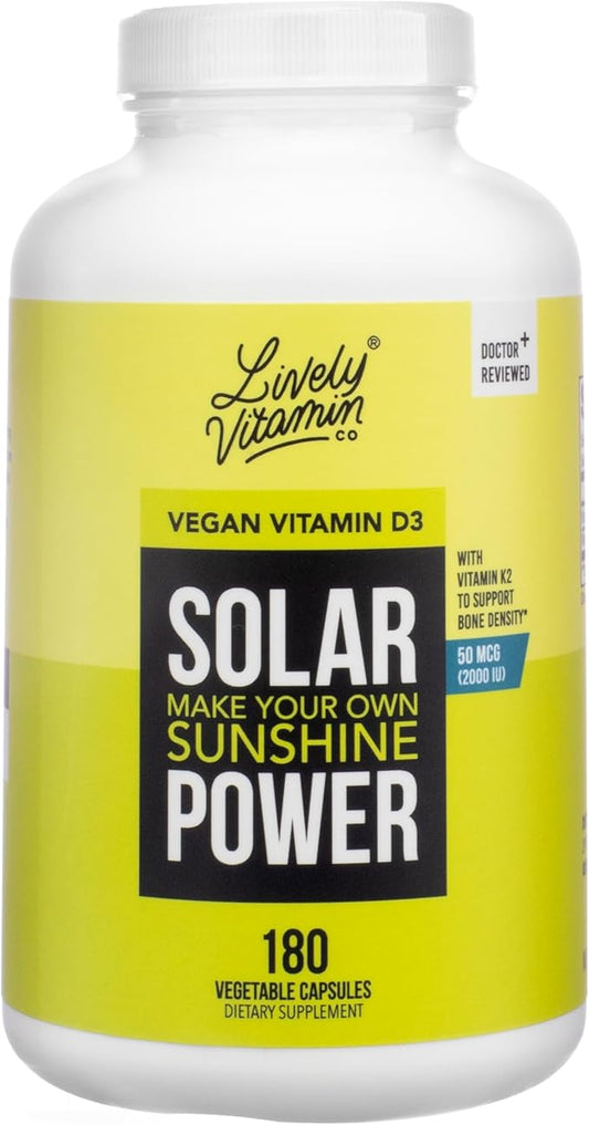LIVELY VITAMIN CO. Solar Power Vitamin D3 2000 iu - Patented Vitamin K - MK7 - Immune Balance - Brain Function - Mood - Heart - Stress - 180 Count