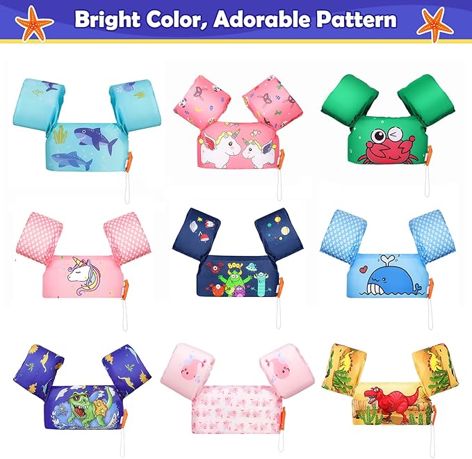 Moko Toddler Swim Vest for Kids, 20-50 lbs/22-66 lbs Clearance Swim Arm Band Cartoon Swimming Wings Pool Float Vests Sleeves Shoulder Straps Arm Floaties for Children Learn to Swim