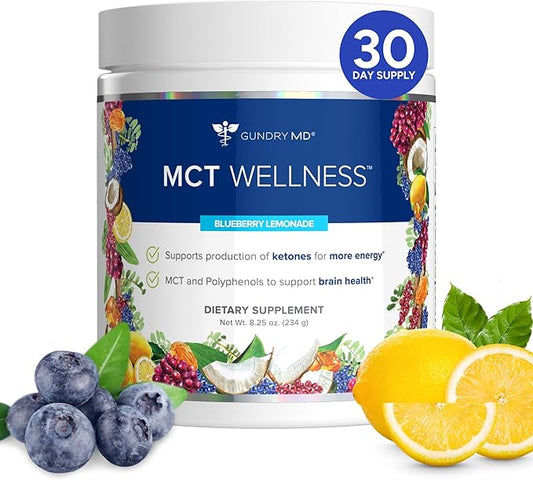 Gundry MD MCT Wellness Powder to Support Energy, Ketone Production and Brain Health, Keto Friendly, Sugar Free (30 Servings) (Blueberry Lemonade)