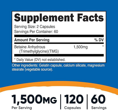 Nutricost Betaine Anhydrous Capsules 1500mg, 60 Servings 750mg Per 120 Capsules