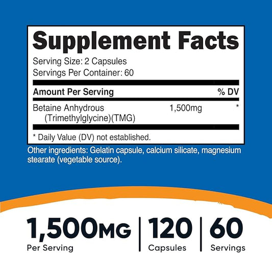 Nutricost Betaine Anhydrous Capsules 1500mg, 60 Servings 750mg Per 120 Capsules