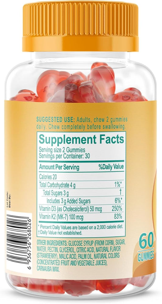 Natural Vitamin D3 K2 Gummies, 2000 IU Vitamin D3 & 100 mcg Vitamin K2,Supports Healthy Bone, Immune Health Supplement, GMO Free, Gluten Free, Strawberry Flavor, 60 Count