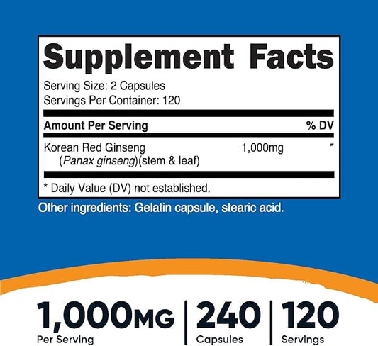 Nutricost Korean Ginseng 1000mg Serving, 240 Capsules 1000mg Potent 500mg Per