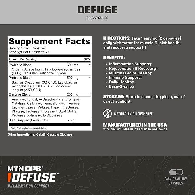 MTN OPS Defuse Probiotic & Prebiotic Enzyme Blend for Muscle & Joint Inflammation Relief | Immune Support Supplement with Muscle Recovery Capsules | 30 Servings