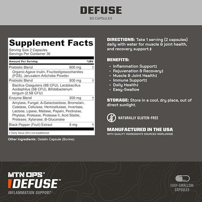 MTN OPS Defuse Probiotic & Prebiotic Enzyme Blend for Muscle & Joint Inflammation Relief | Immune Support Supplement with Muscle Recovery Capsules | 30 Servings