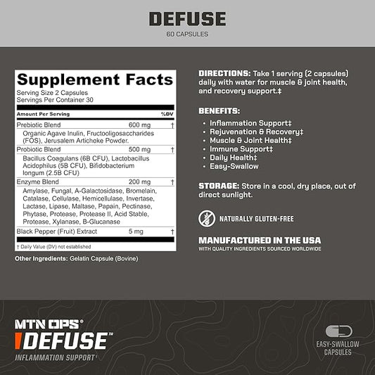 MTN OPS Defuse Probiotic & Prebiotic Enzyme Blend for Muscle & Joint Inflammation Relief | Immune Support Supplement with Muscle Recovery Capsules | 30 Servings
