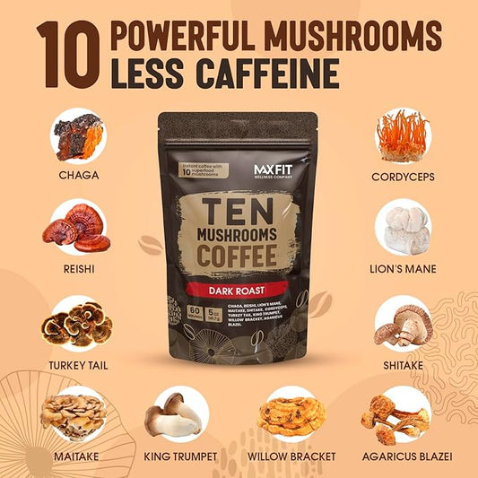 Instant Mushroom Coffee Dark Roast Organic (60 Servings) With 10 Mushrooms (Lions Mane, Cordyceps, Turkey Tail & Other) Mixed With Gourmet 100% Arabica Instant Coffee for Focus & Gut Health Support