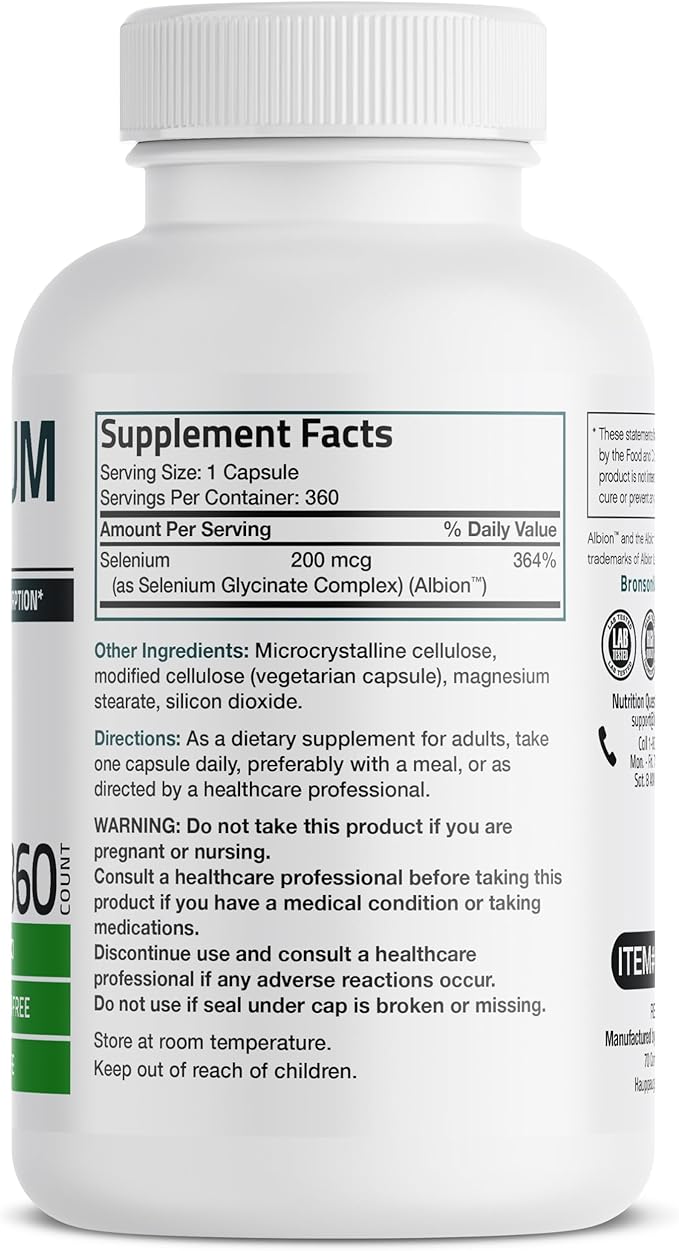 Bronson Selenium 200 mcg – Yeast Free Chelated Amino Acid Complex - Essential Trace Mineral with Superior Absorption, 360 Vegetarian Capsules