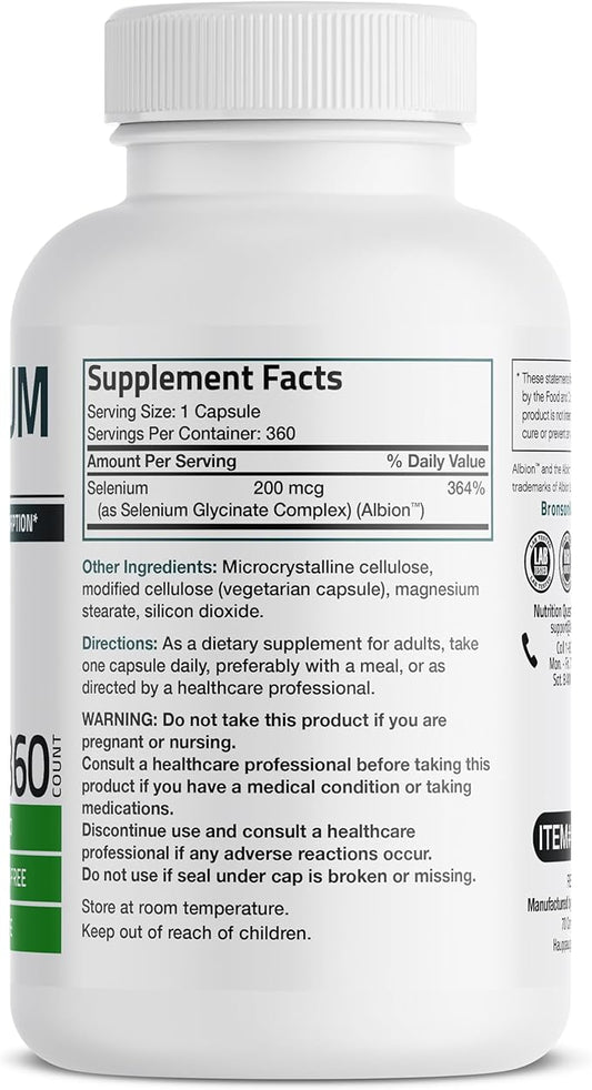 Bronson Selenium 200 mcg – Yeast Free Chelated Amino Acid Complex - Essential Trace Mineral with Superior Absorption, 360 Vegetarian Capsules