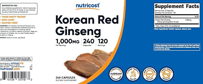 Nutricost Korean Ginseng 1000mg Serving, 240 Capsules 1000mg Potent 500mg Per