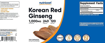 Nutricost Korean Ginseng 1000mg Serving, 240 Capsules 1000mg Potent 500mg Per