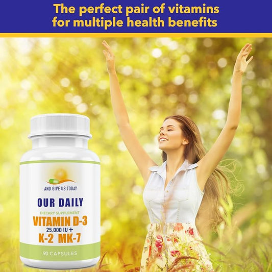 Our Daily Vites Vitamin D-3 25,000 IU + K2 - High Potency D3 with Vitamin K Bone, Immune, Mood + Cardiovascular Support Supplement