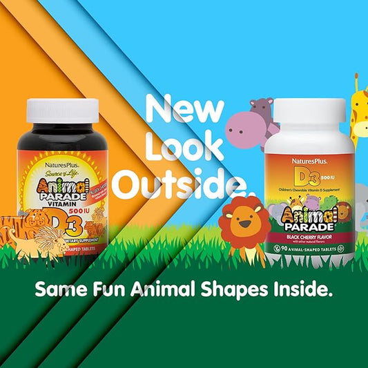 Natures Plus Animal Parade Vitamin D3 Children’s Chewables - Black Cherry Flavor - 90 Animal-Shaped Tablets, Pack of 2 - Gluten Free, Vegetarian, Hypoallergenic - 180 Total Servings