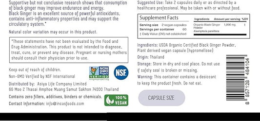 INCAS Organic Black Ginger 120 Vegan 500mg Each